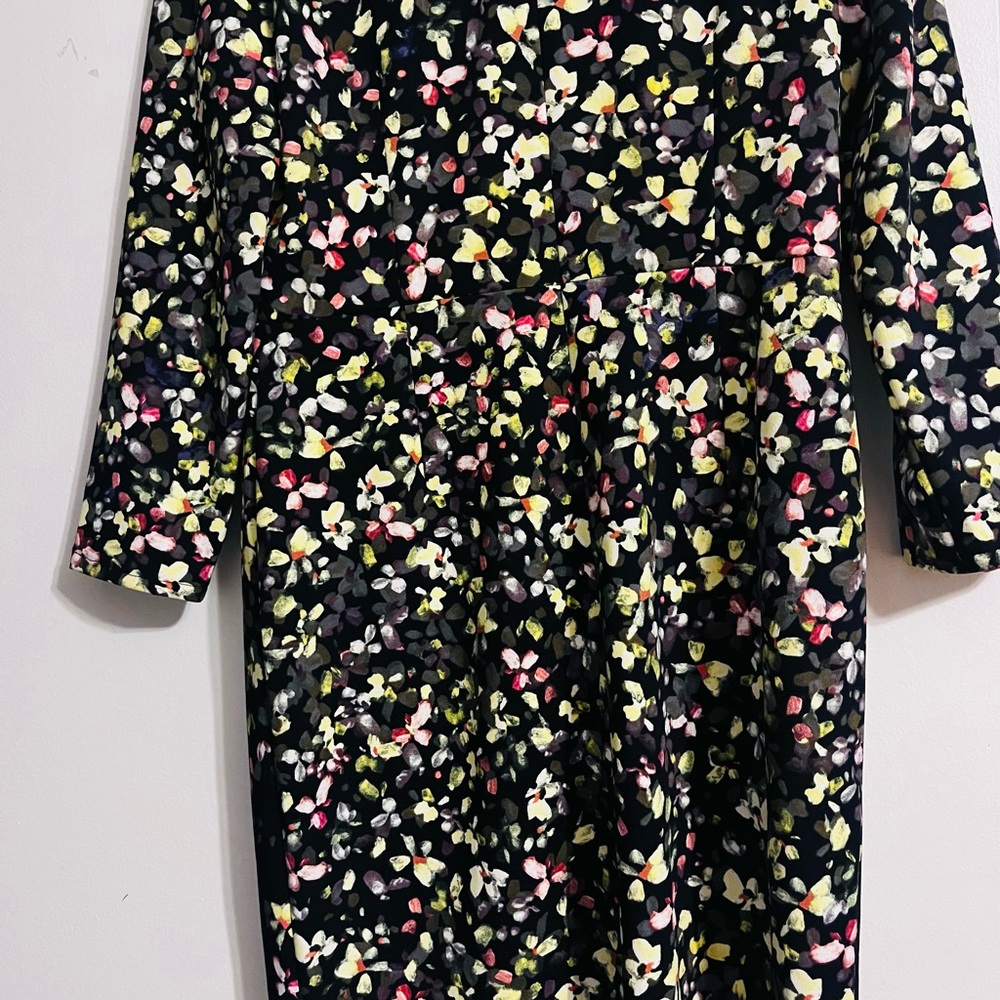 Maggy London Womens 12 Petite Polka Dot 3/4 Sleeve V-Neck Dress Black yellow